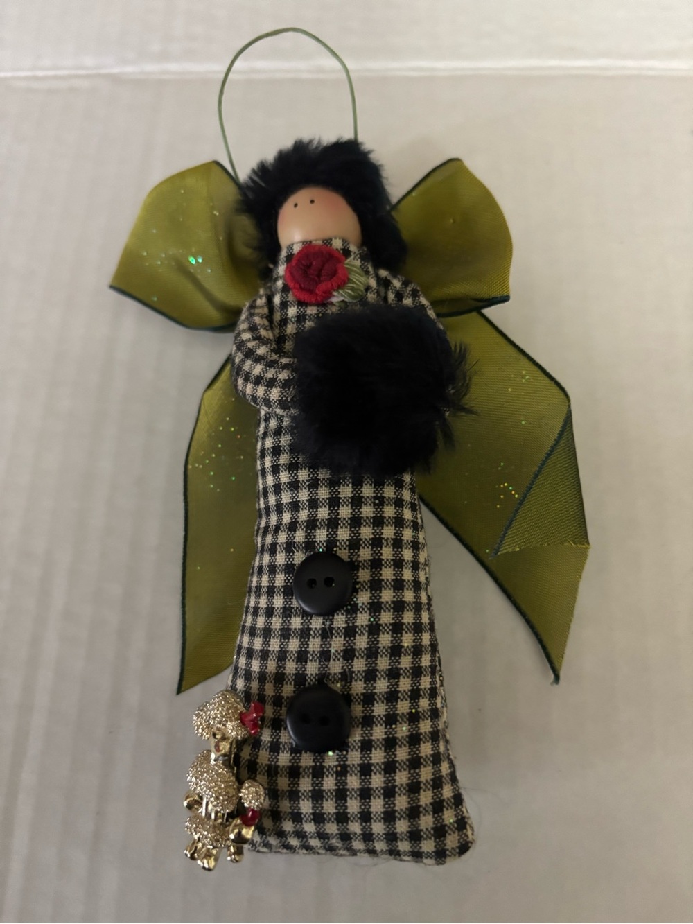Black & Cream Check winter lady Ornament with Olive Bow and poodle brooch